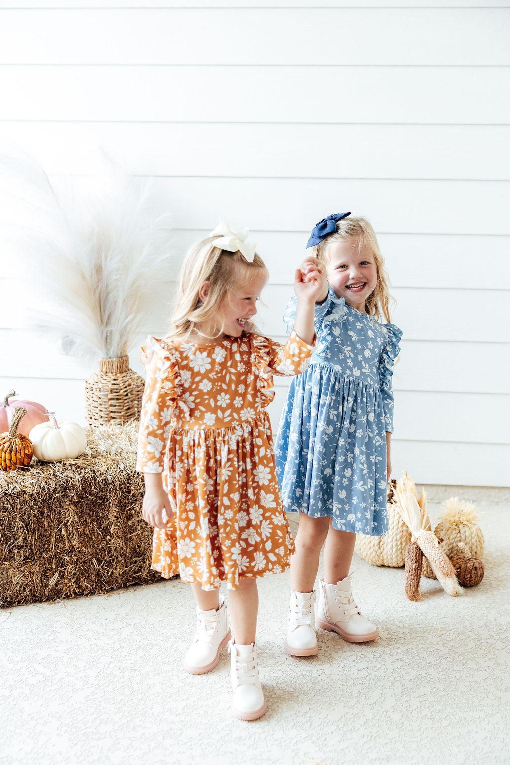 Golden Blooms 3/4 Sleeve Ruffle Twirl Dress