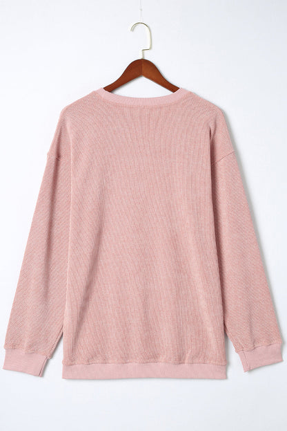 Solid Ribbed Knit Round Neck Pullover Sweatshirt
