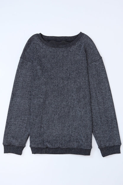 Solid Ribbed Knit Round Neck Pullover Sweatshirt