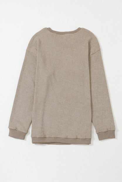 Solid Ribbed Knit Round Neck Pullover Sweatshirt