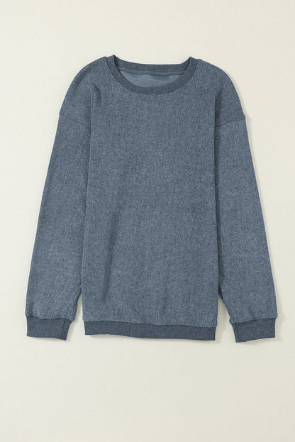 Solid Ribbed Knit Round Neck Pullover Sweatshirt
