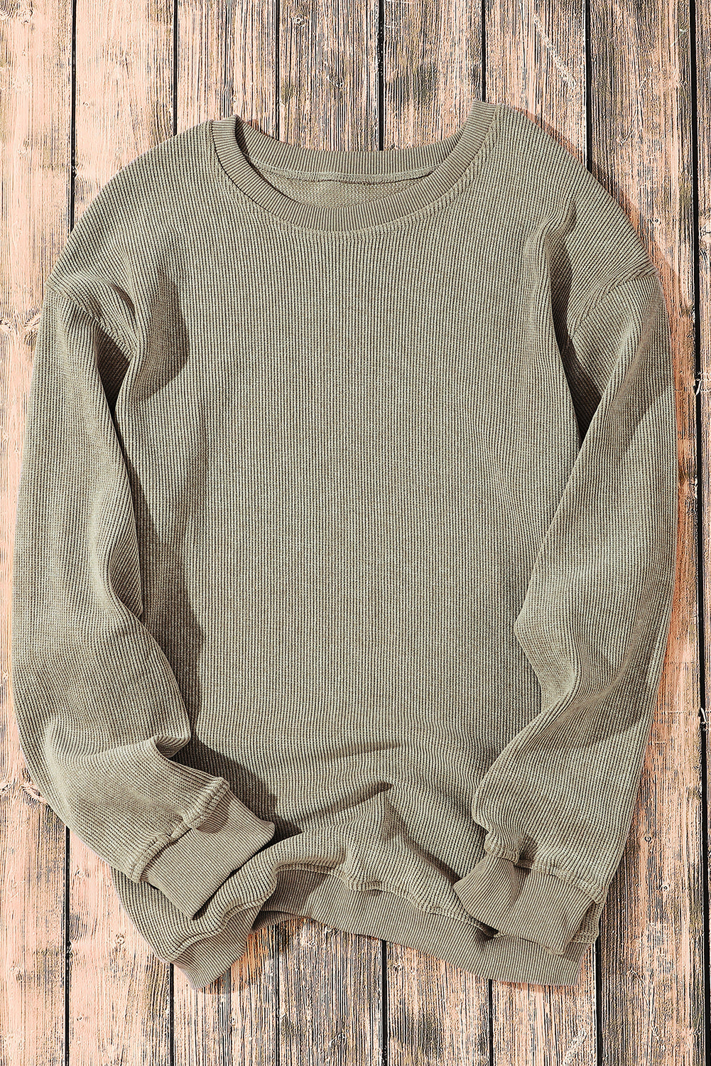Solid Ribbed Knit Round Neck Pullover Sweatshirt