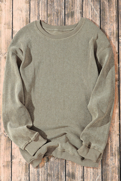 Solid Ribbed Knit Round Neck Pullover Sweatshirt
