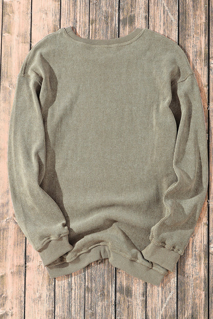 Solid Ribbed Knit Round Neck Pullover Sweatshirt