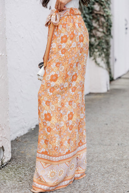 Grapefruit Orange Tie Waist Boho Floral Wide Leg Pants Aaria Tees