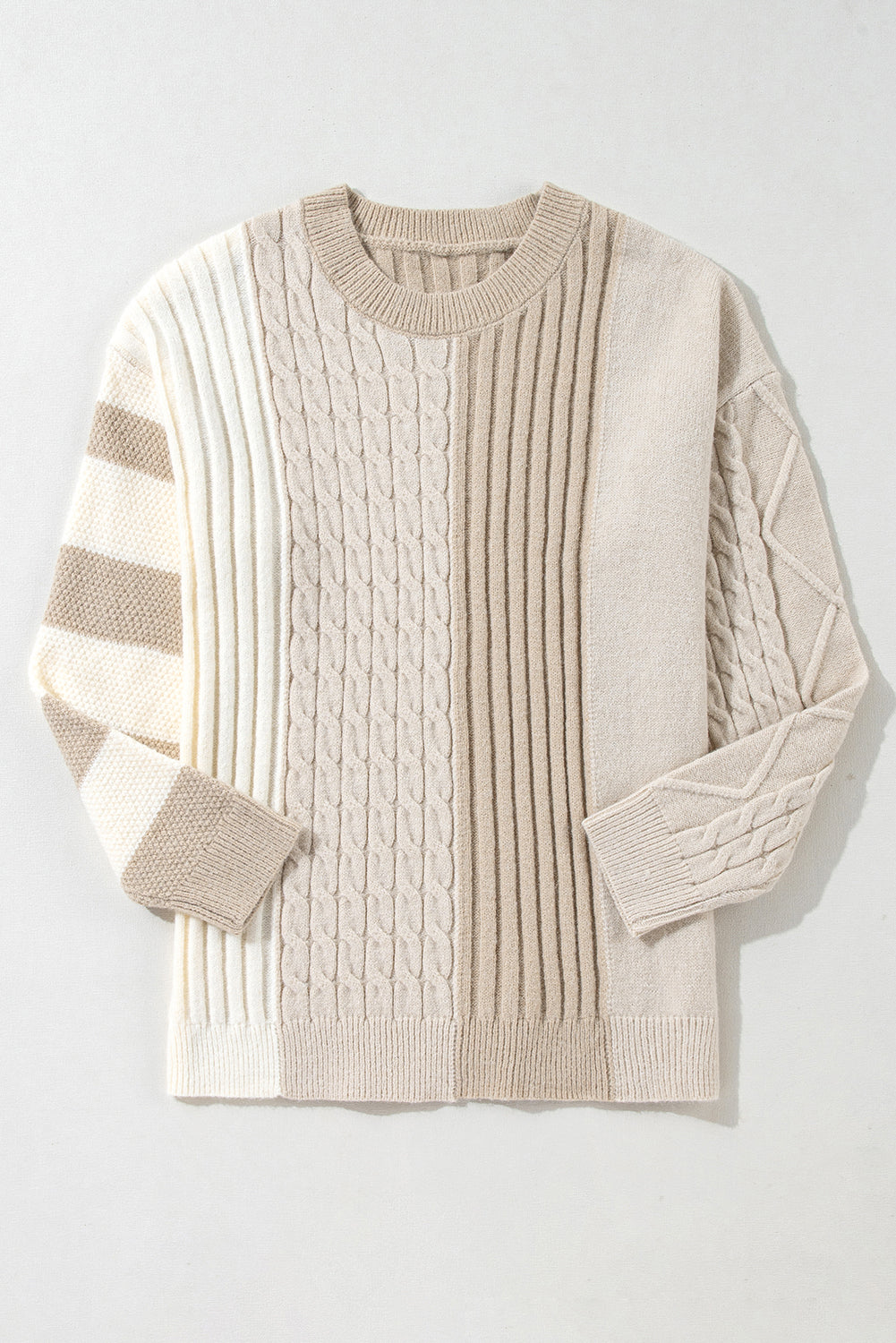 Cable Knit Color Block Crew Neck Sweater Threaded Pear