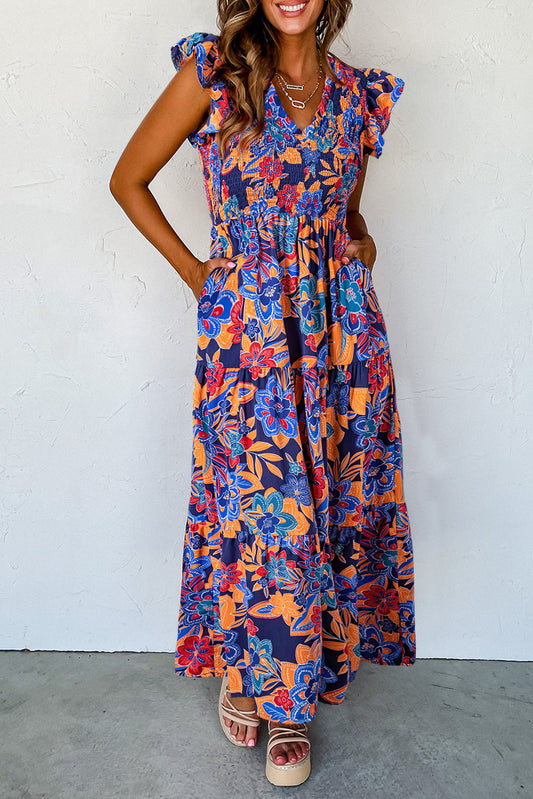 Dark Blue Boho Floral V Neck Ruffle Tiered Long Dress Aaria Tees