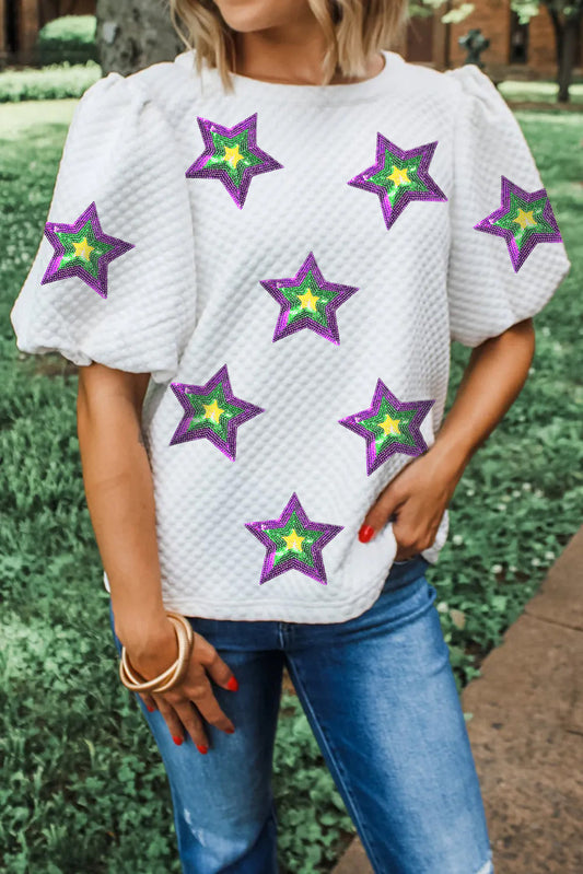 White Textured Sequin Mardi Gras Star Graphic Puff Sleeve Blouse Aaria Tees