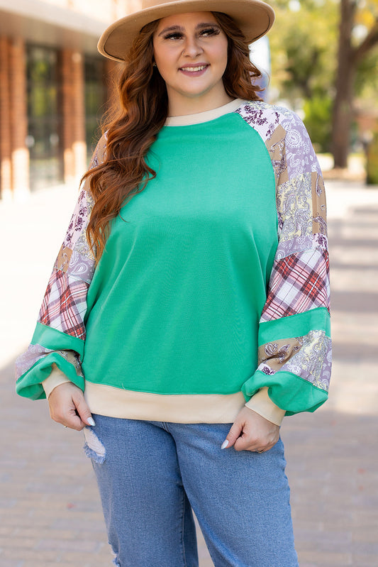 Sky Blue Plus Size Plaid Floral Patchwork Raglan Sleeve Sweatshirt Aaria Tees