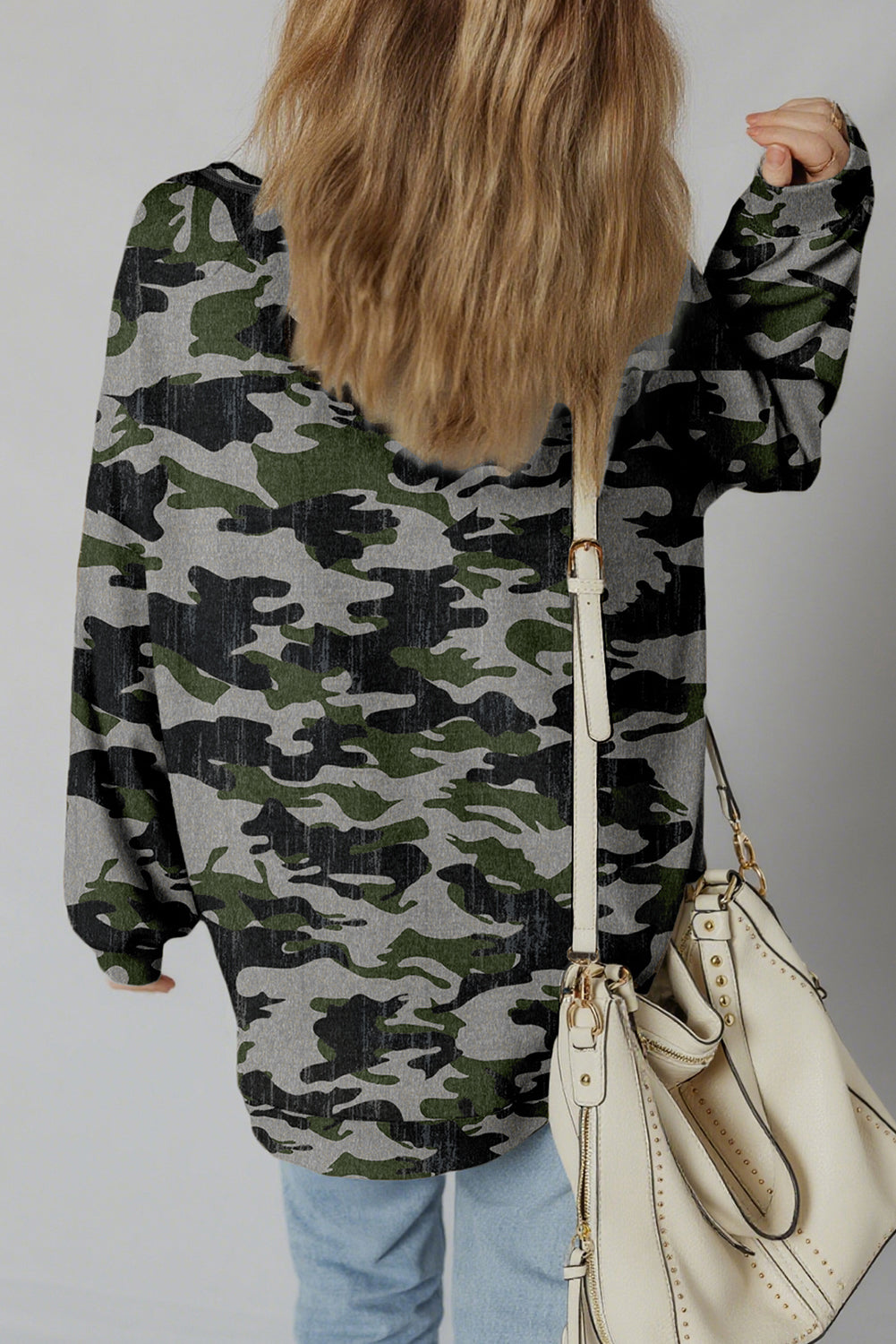 Green Retro Camouflage Print Exposed Seam Patchwork Drop Shoulder Sweatshirt
