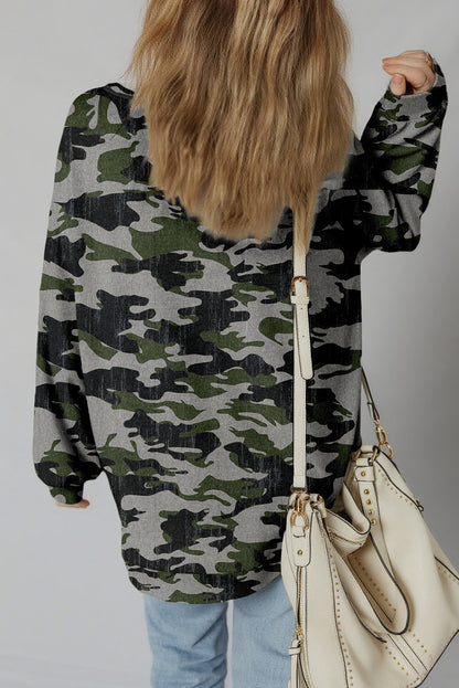 Green Retro Camouflage Print Exposed Seam Patchwork Drop Shoulder Sweatshirt