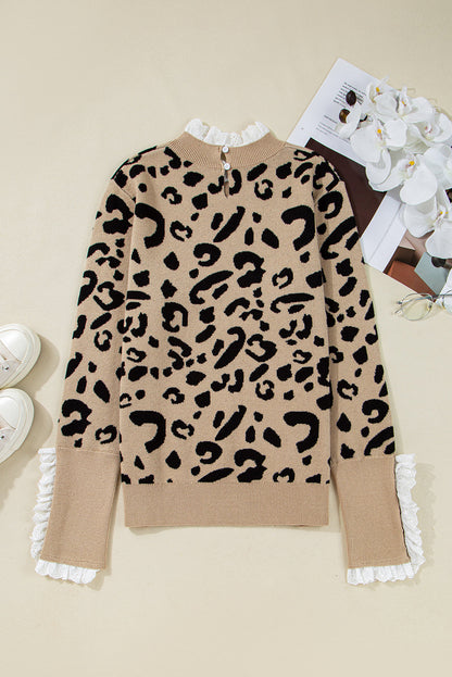Leopard Lace Ribbed Trim Buttoned Cuff Sweater