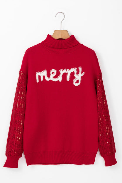 Christmas Merry Sequin Sleeve Turtleneck Sweater