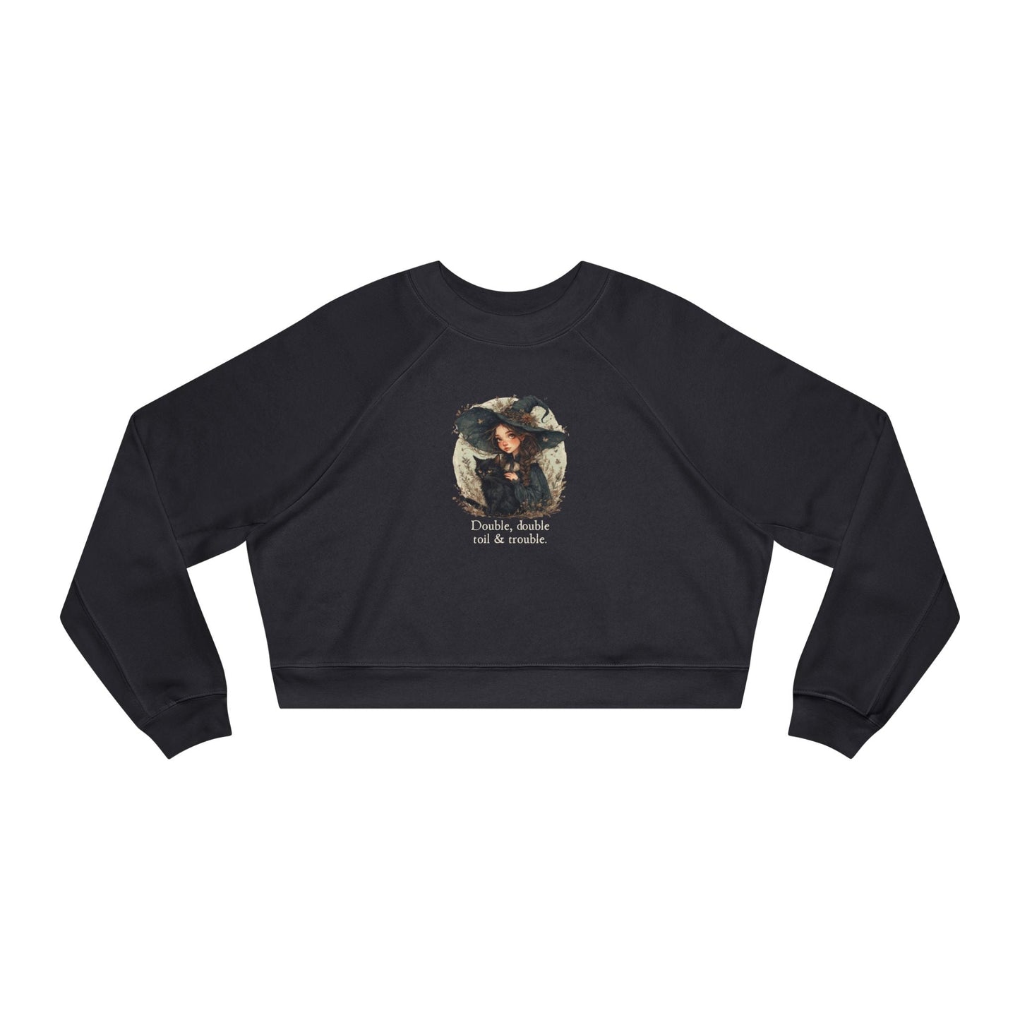 Cute Witchy Cat Lady Women's Halloween Cropped Pullover Sweatshirt