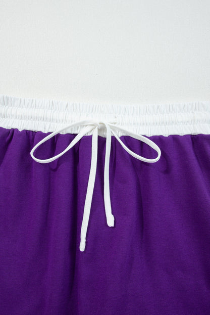 Tillandsia Purple Varsity Stripe Detail Drop Shoulder Pullover Mini Skirt Set
