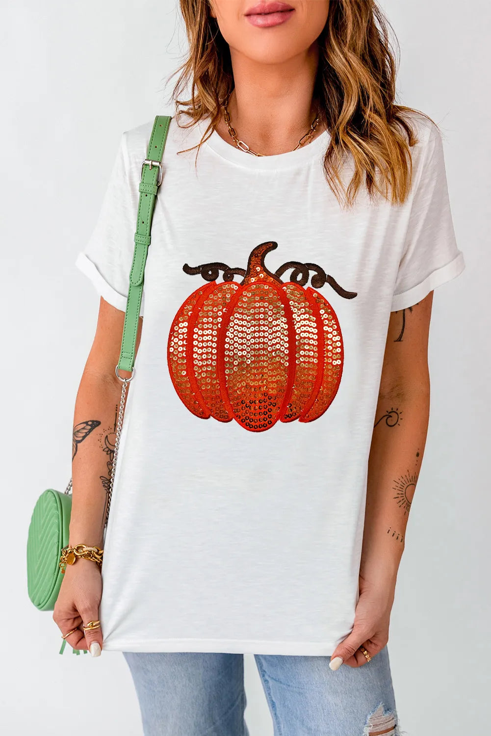 Full Size Sequin Pumpkin Round Neck Short Sleeve T-Shirt - Aaria Tees