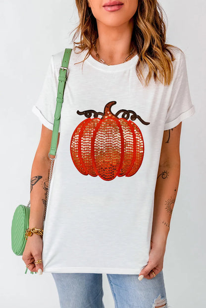 Full Size Sequin Pumpkin Round Neck Short Sleeve T-Shirt - Aaria Tees