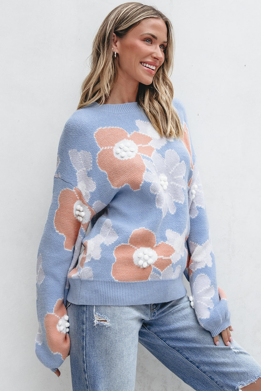 Beau Blue Floral O Neck Drop Shoulder Knitted Sweater Aaria Tees