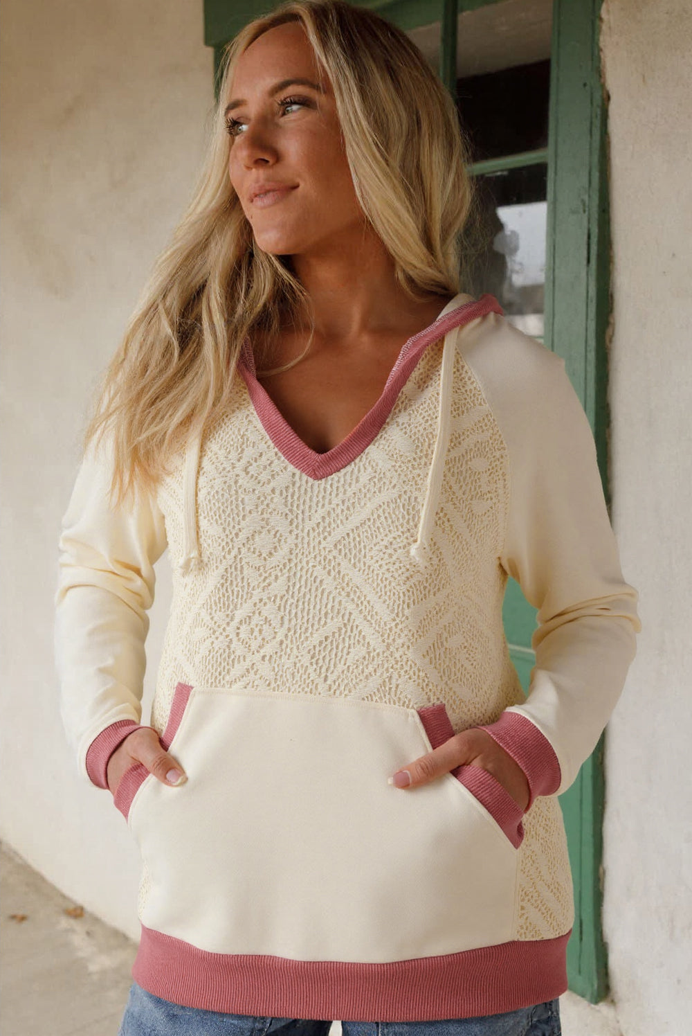 White Contrast Trim Crochet Knit Patchwork Exposed Seam Hoodie