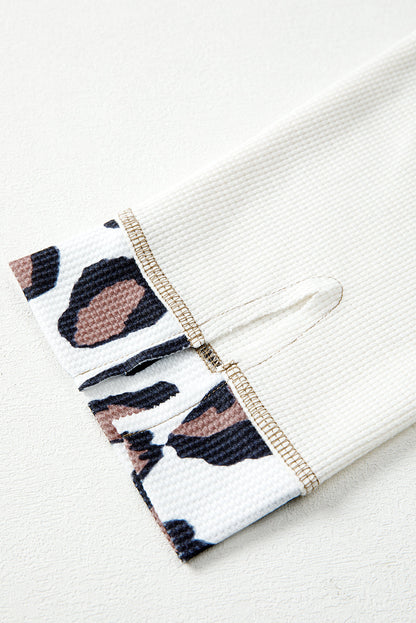 Leopard Waffle Knit Patchwork Zip Up Hoodie