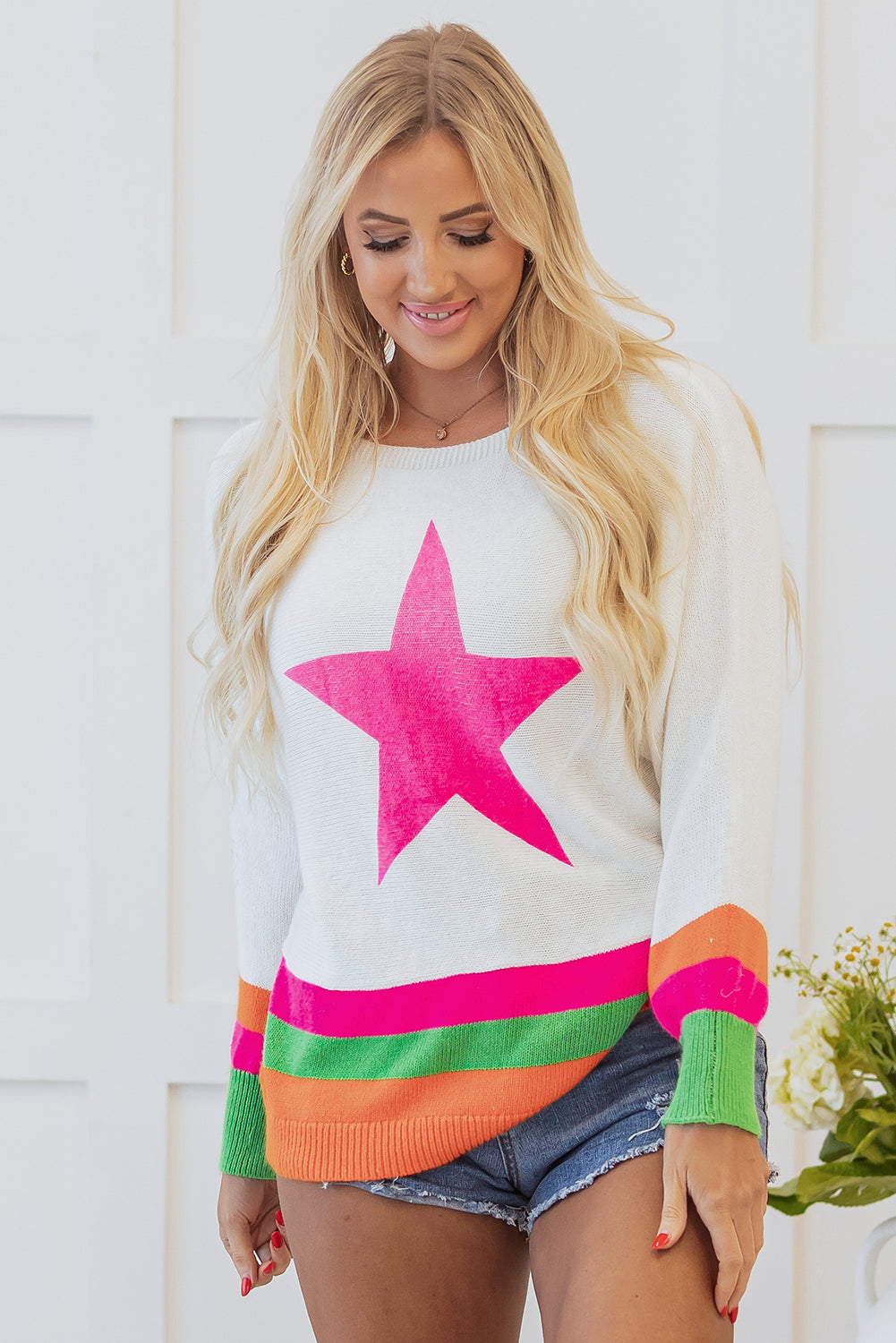 White Star Pattern Colorblock Striped Edge Drop Shoulder Sweater Aaria Tees