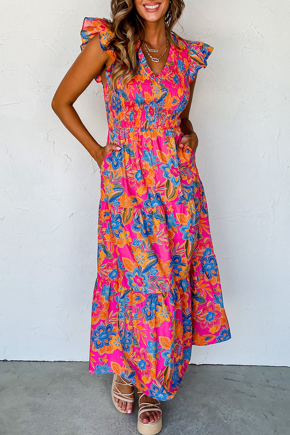 Dark Blue Boho Floral V Neck Ruffle Tiered Long Dress Aaria Tees