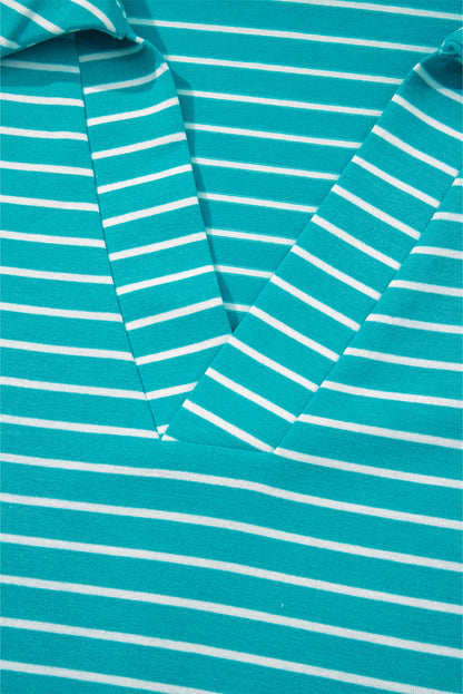 Sky Blue Stripe V Neck Tee and Casual Short Set