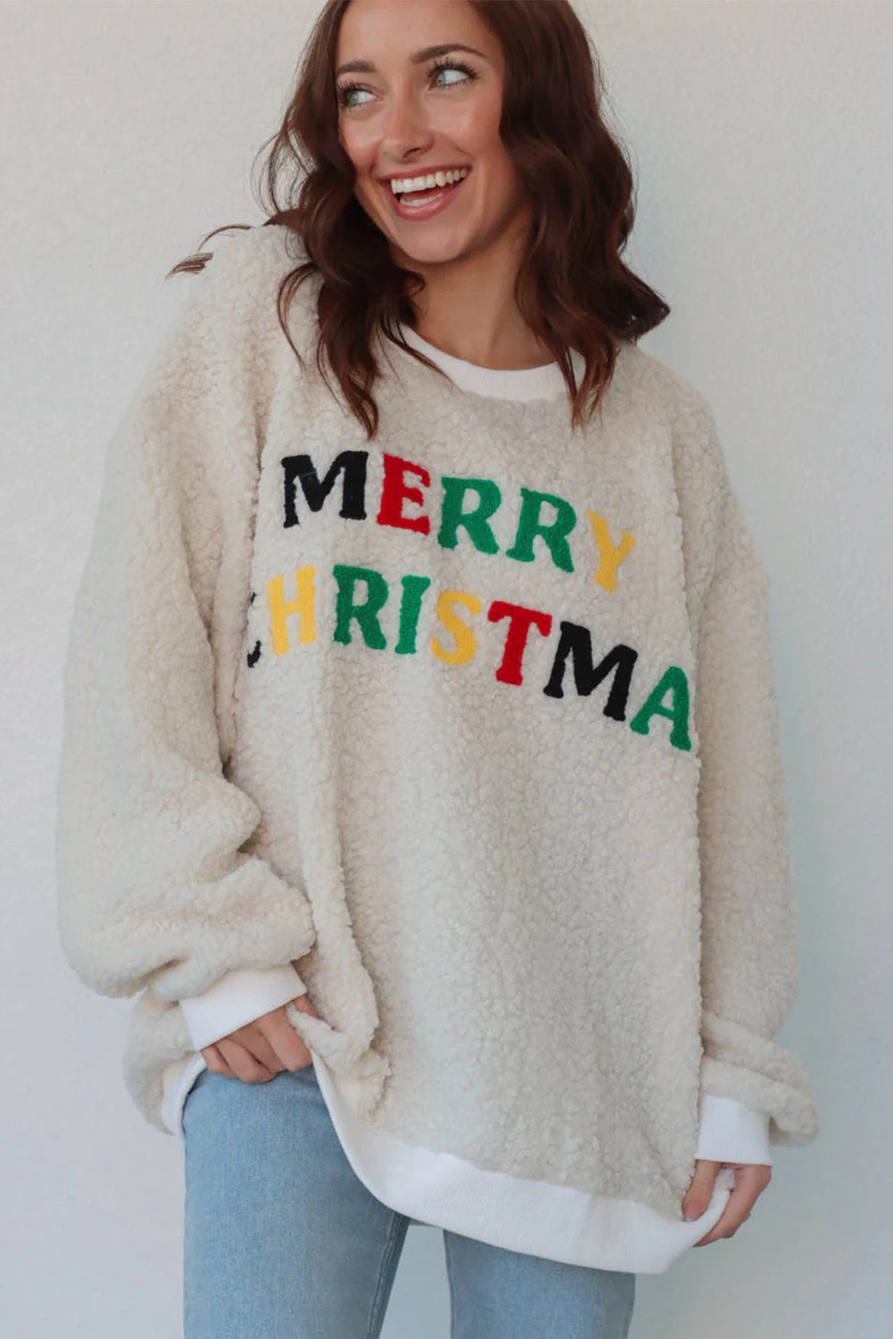 White MERRY CHRISTMAS Multicolor Embroidered Sherpa Pullover Sweatshirt