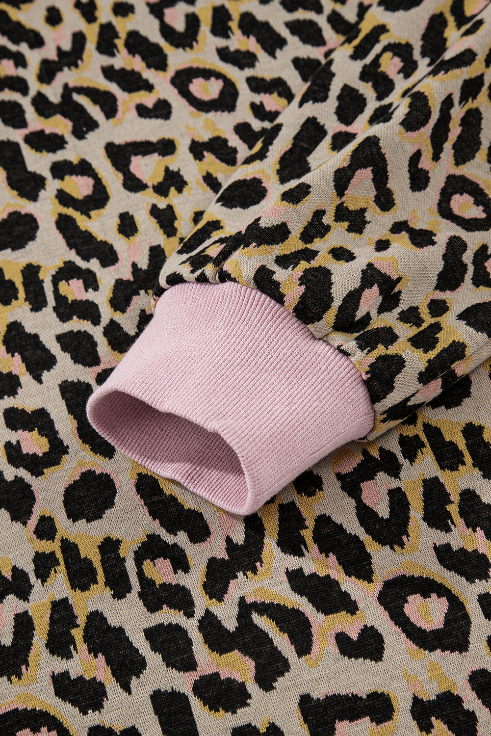 Pink Leopard Print Contrast Edge Long Sleeve Pullover Shorts Set