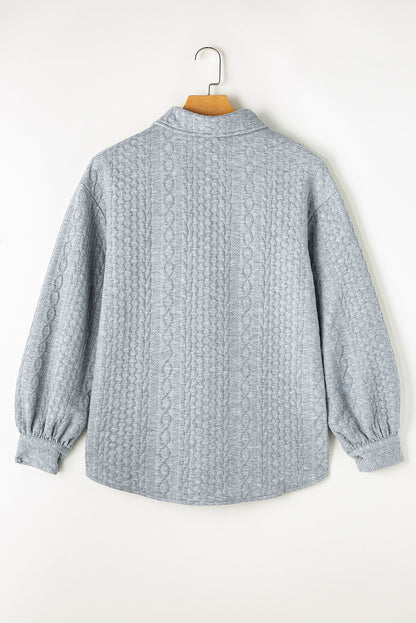 Light Grey Cable Texture Puff Sleeve Loose Shacket