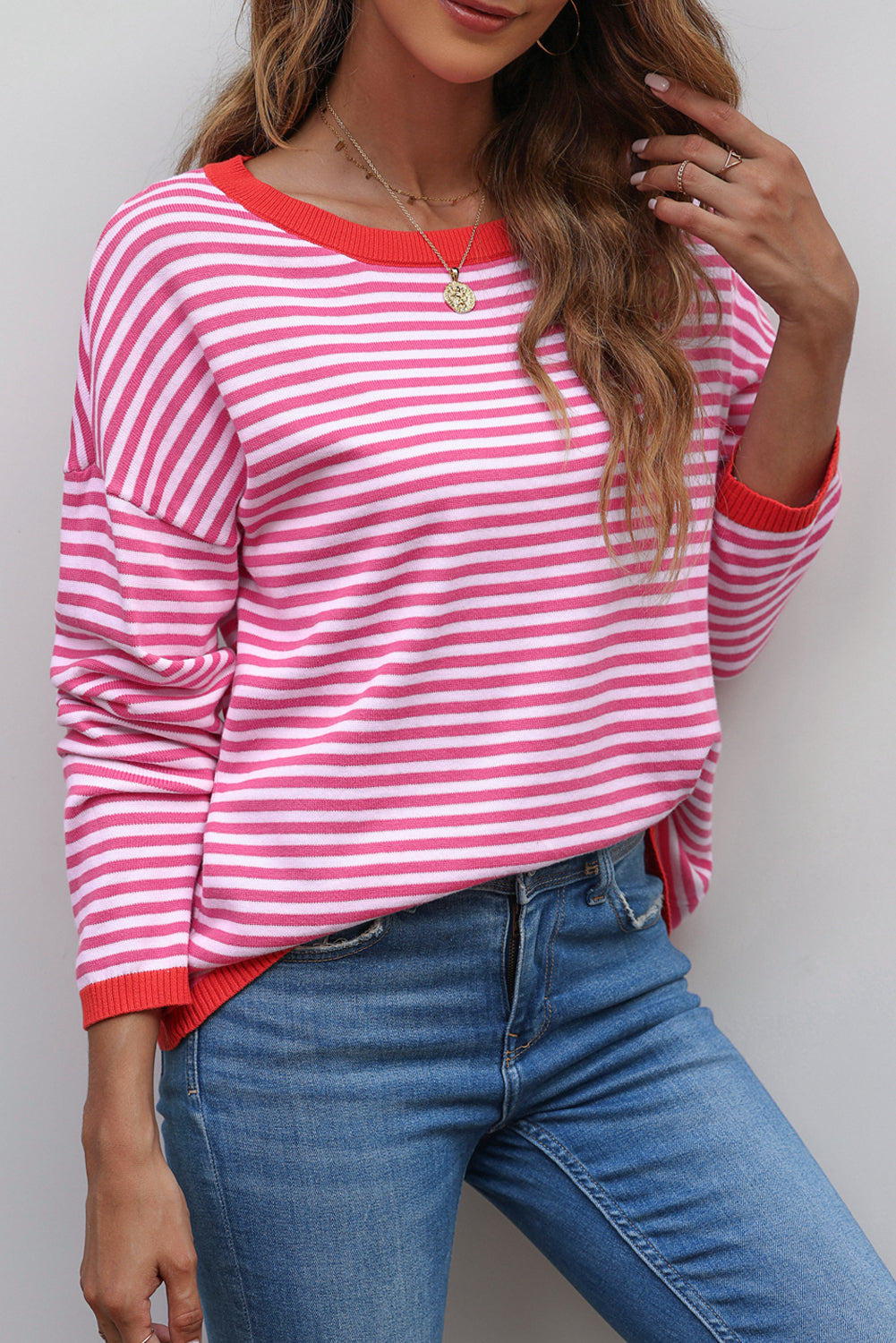 Madelynn Striped Drop Shoulder Sweater - Aaria Tees