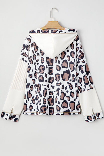 Leopard Waffle Knit Patchwork Zip Up Hoodie