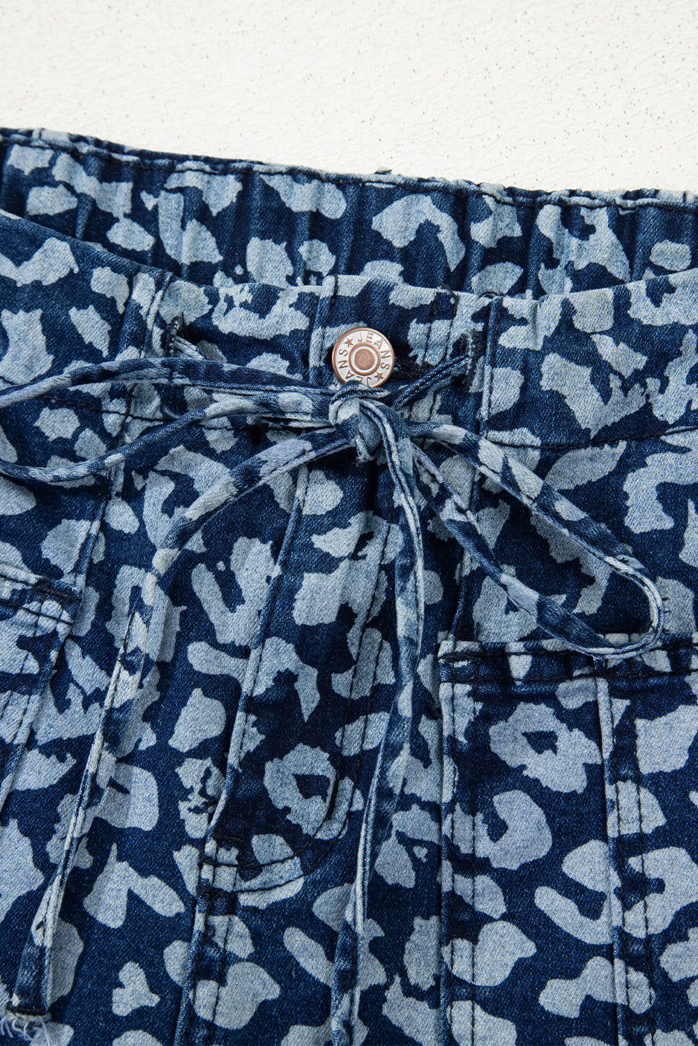 Blue Leopard Printed Drawstring Waist Pocketed Wide Leg Jeans