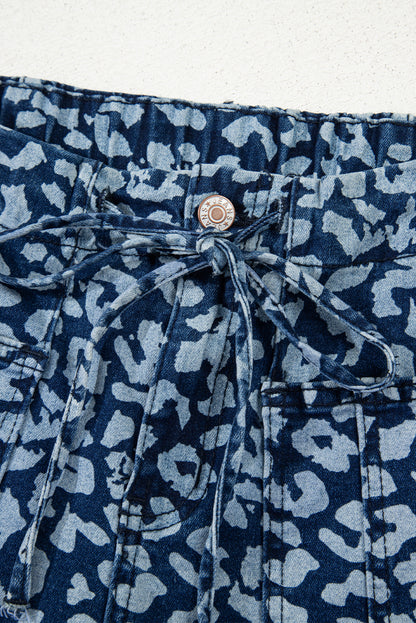 Blue Leopard Printed Drawstring Waist Pocketed Wide Leg Jeans