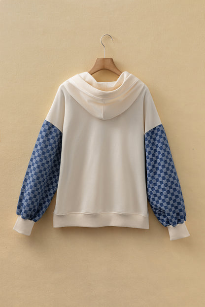 Parchment Checkered Patchwork Kangaroo Pocket Half Zipper Hoodie