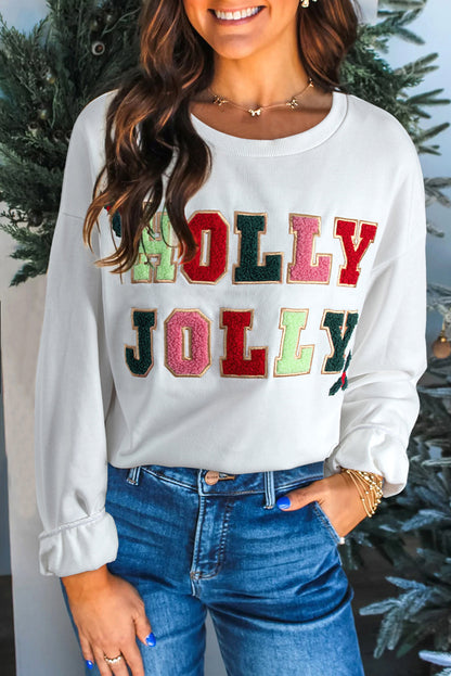 White HOLLY JOLLY Embroidered Graphic Pullover Sweatshirt