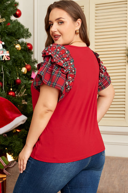Plus Size Christmas Plaid Pearl Ruffle Sleeve Holiday T-shirt