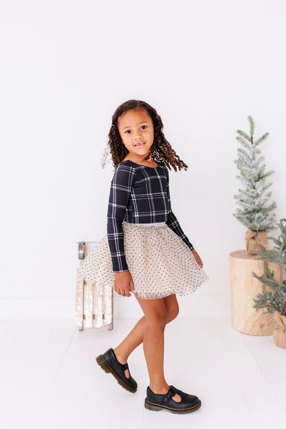 Black Plaid | CROPPED Bow Back Long Sleeve Top