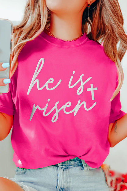 Rose Red Glitter he is risen Cross Printed Crewneck Tee Aaria Tees