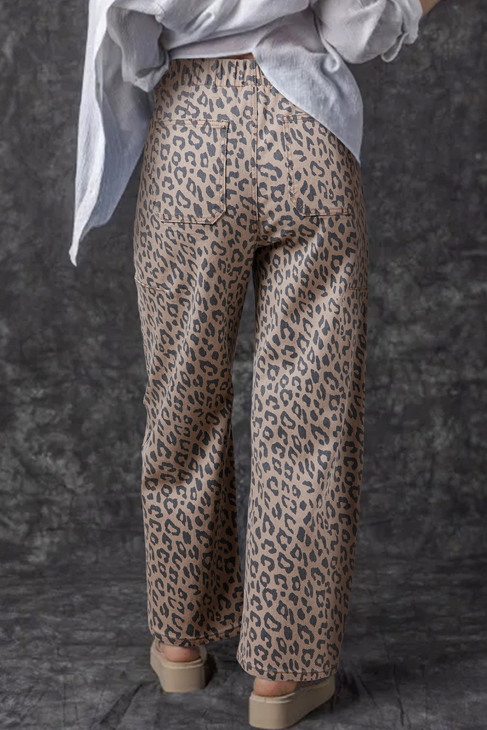 Blue Leopard Printed Drawstring Waist Pocketed Wide Leg Jeans
