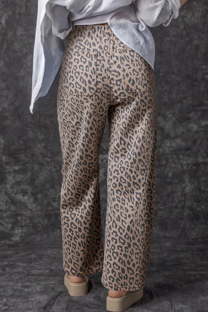 Blue Leopard Printed Drawstring Waist Pocketed Wide Leg Jeans