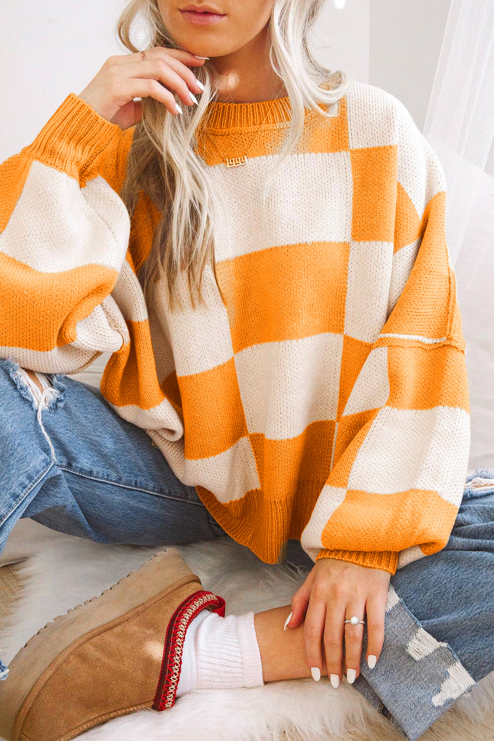 Orange Checkered Bishop Sleeve Sweater Aaria Tees