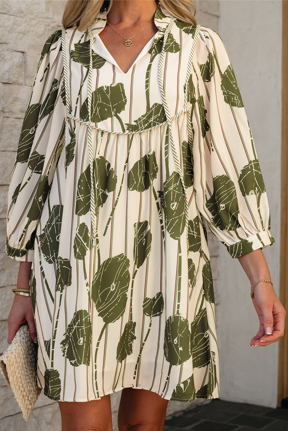 Guacamole Green Floral Striped Print Contrast Piping Puff Sleeve Dress - Aaria Tees Aaria Tees