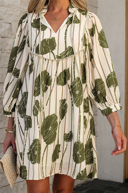 Guacamole Green Floral Striped Print Contrast Piping Puff Sleeve Dress - Aaria Tees