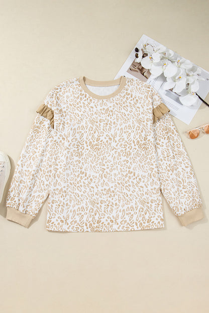 Khaki Plus Size Ruffled Arm Leopard Sweatshirt