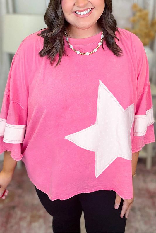 Pink Star Patched Colorblock Raw Edge Bracelet Sleeve Plus Size Loose Tee