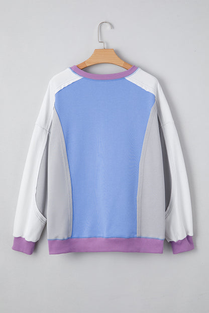 Blue Exposed Seam Colorblock Patchwork Ribbed Trim Pullover Sweatshirt