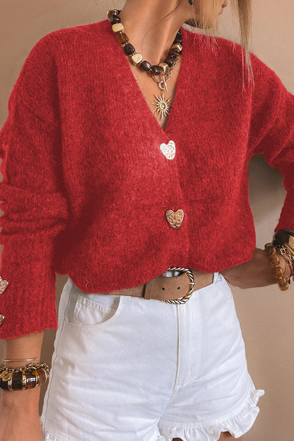 Fiery Red Heart Metal Button V Neck Cardigan Sweater