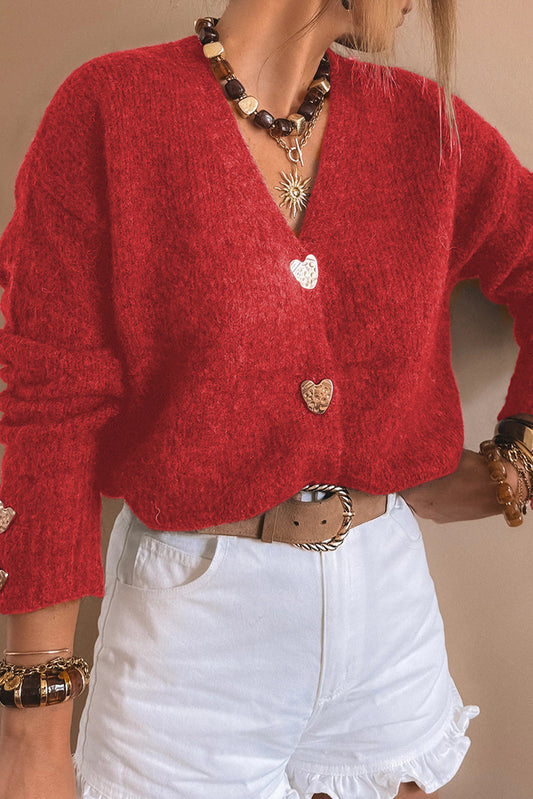Fiery Red Heart Metal Button V Neck Cardigan Sweater