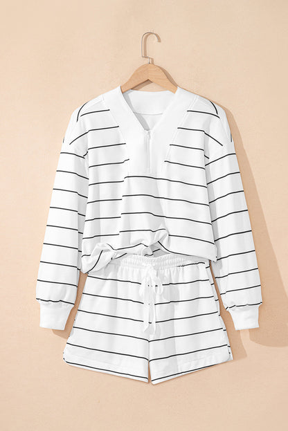 Stripe Zip-Up Drop Shoulder Pullover and Short Set